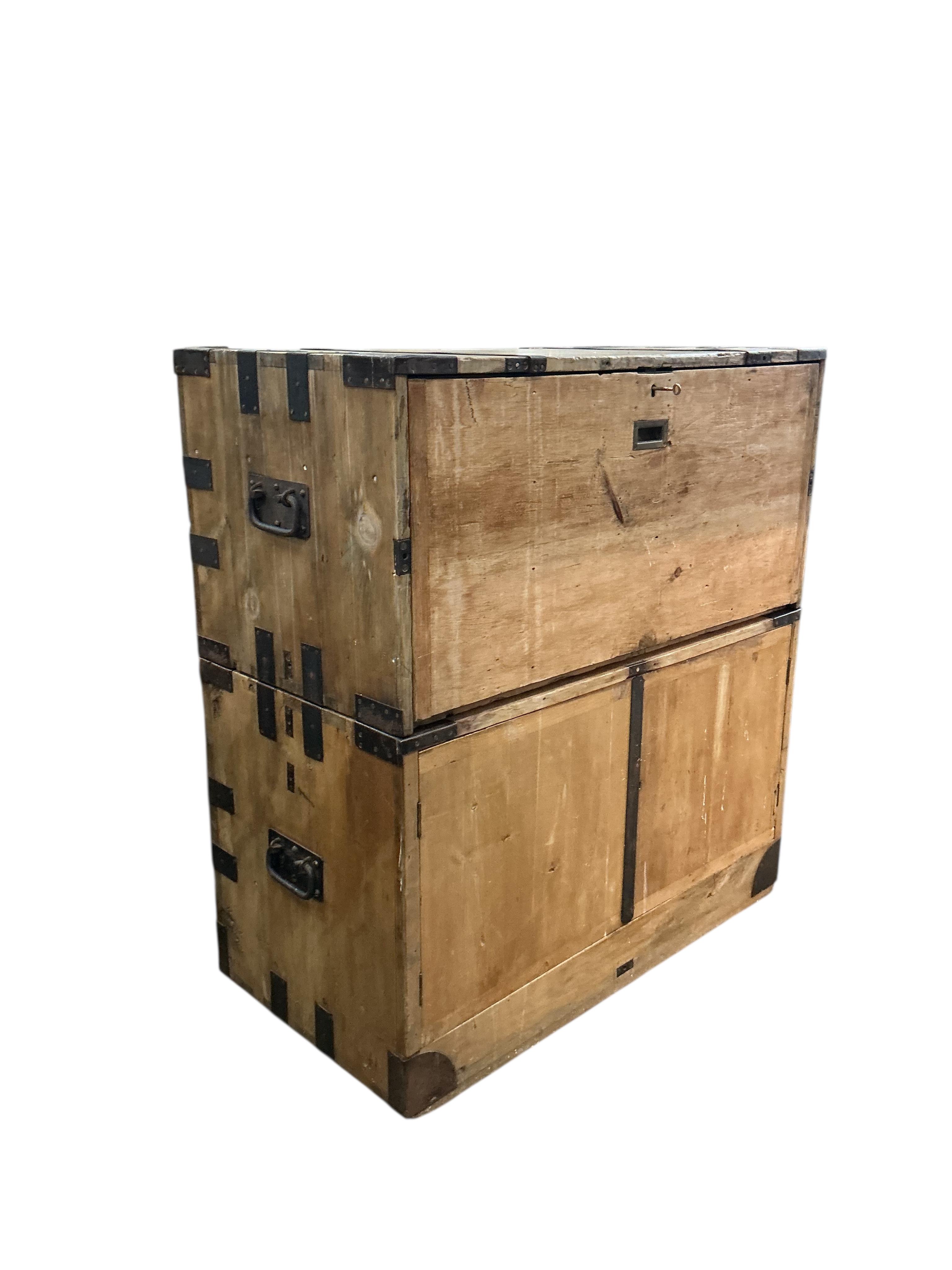 A 19th century pine two section military chest, width 106cm, depth 54cm, height 114cm, Provenance: By repute once the property of Frederick Matte (?) who was present at the Battle of Ladysmith